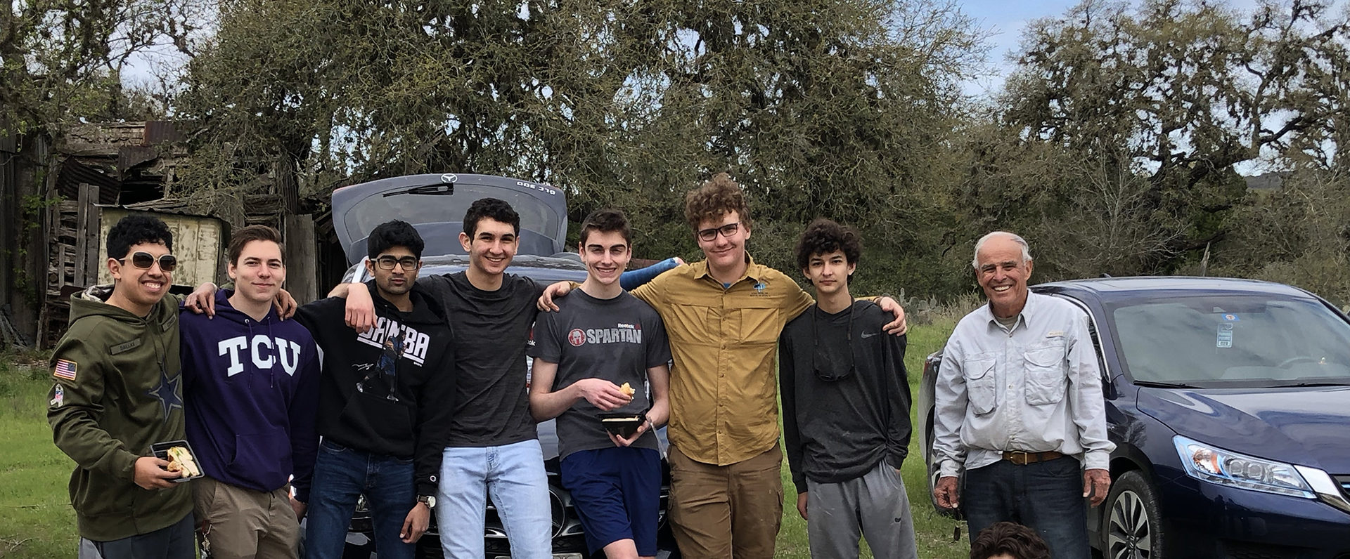 The volunteers, from left to right: from left to right: Benjamin Gonzales, Benjamin Bates, Gautam Ramireddy, Marc Choucair, Andrew Monreal, Nate Gulde, Devon Hooper, Bernardo Reyes, and scout liaison Dave Kibler . Photo by Mackenzie Brown